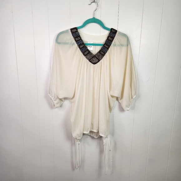 Rock 47 Wrangler White Sheer Beaded V Neck Blouse Top Shirt Western Boho Cowgirl - Picture 1 of 7